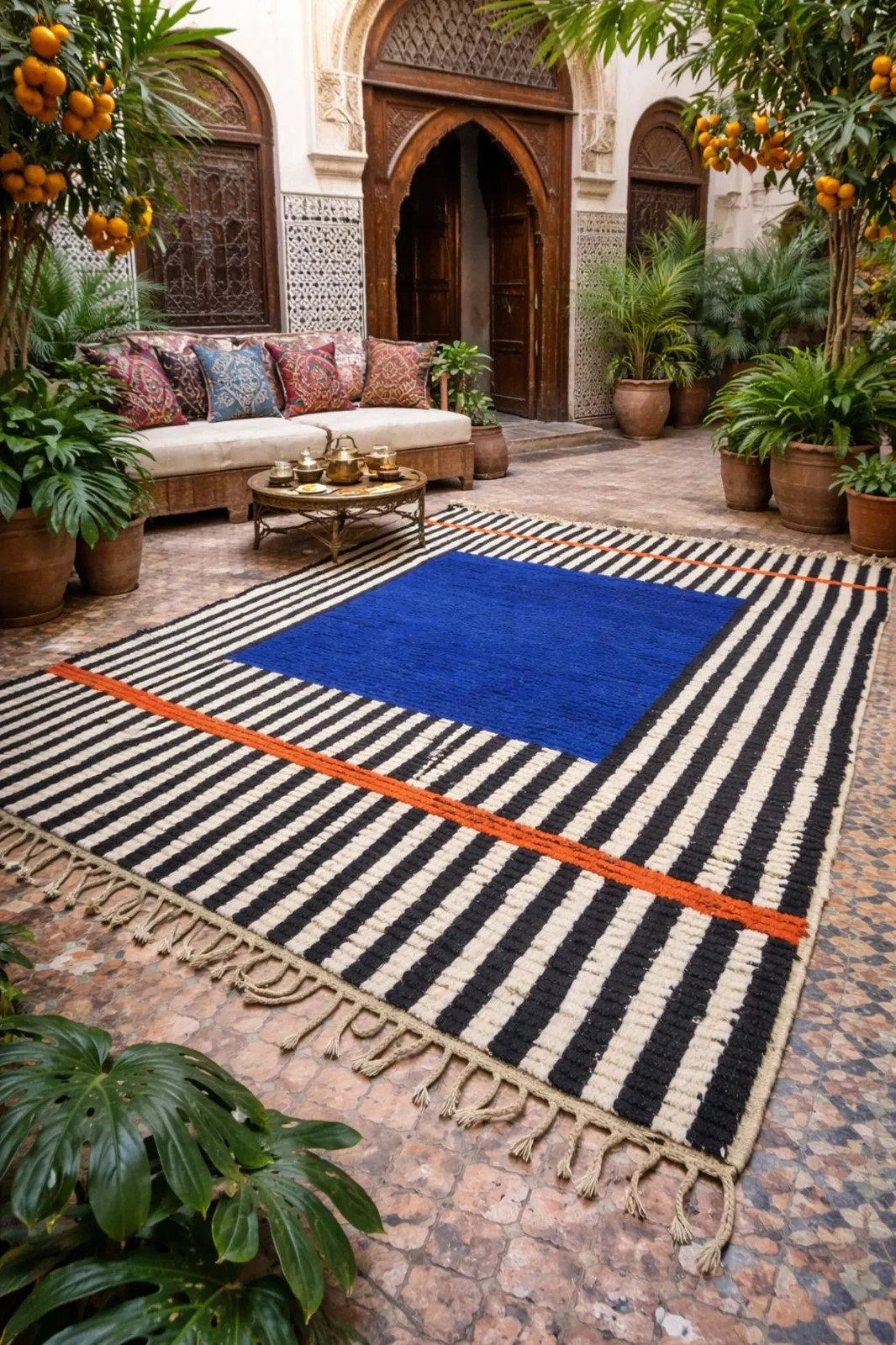 Cobalt Blue Moroccan Rug | Ivory White Wavy Beni ourain Rug | Handmade 8×10