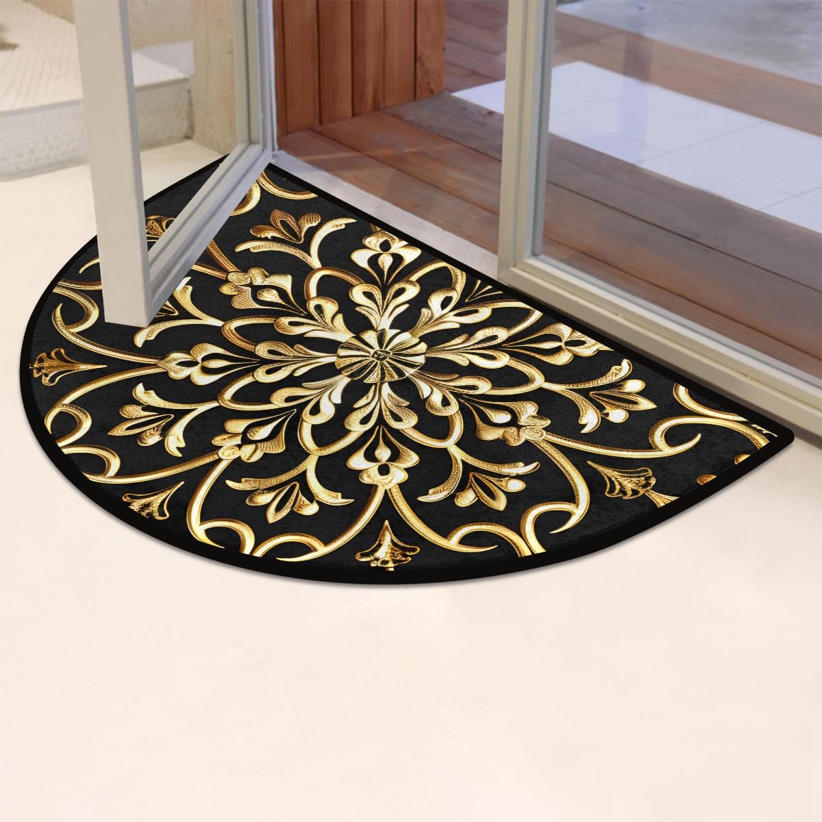 Golden Mandala Half Round Door Mat Semi Moon Rug Fireplace Carpet Area Rugs