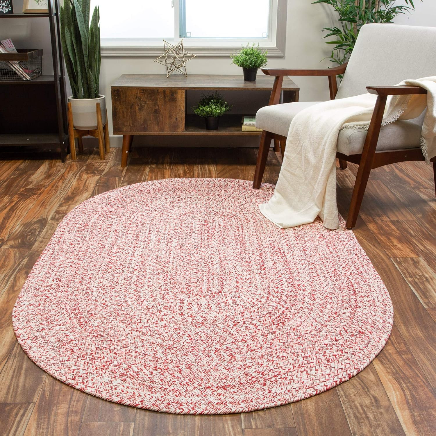 Reversible Red & White Braided Cotton Rug, 8′ x 10′ Oval Farmhouse Style