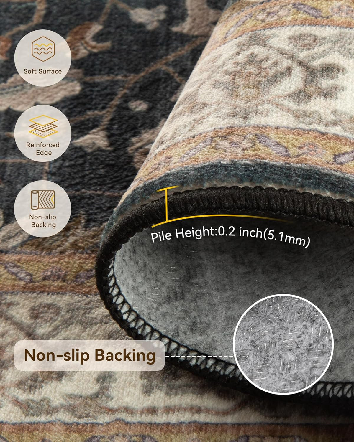 Area Rugs 5’X7′ Washable Vacuum-Friendly, Non-Slip, Floral Vintage