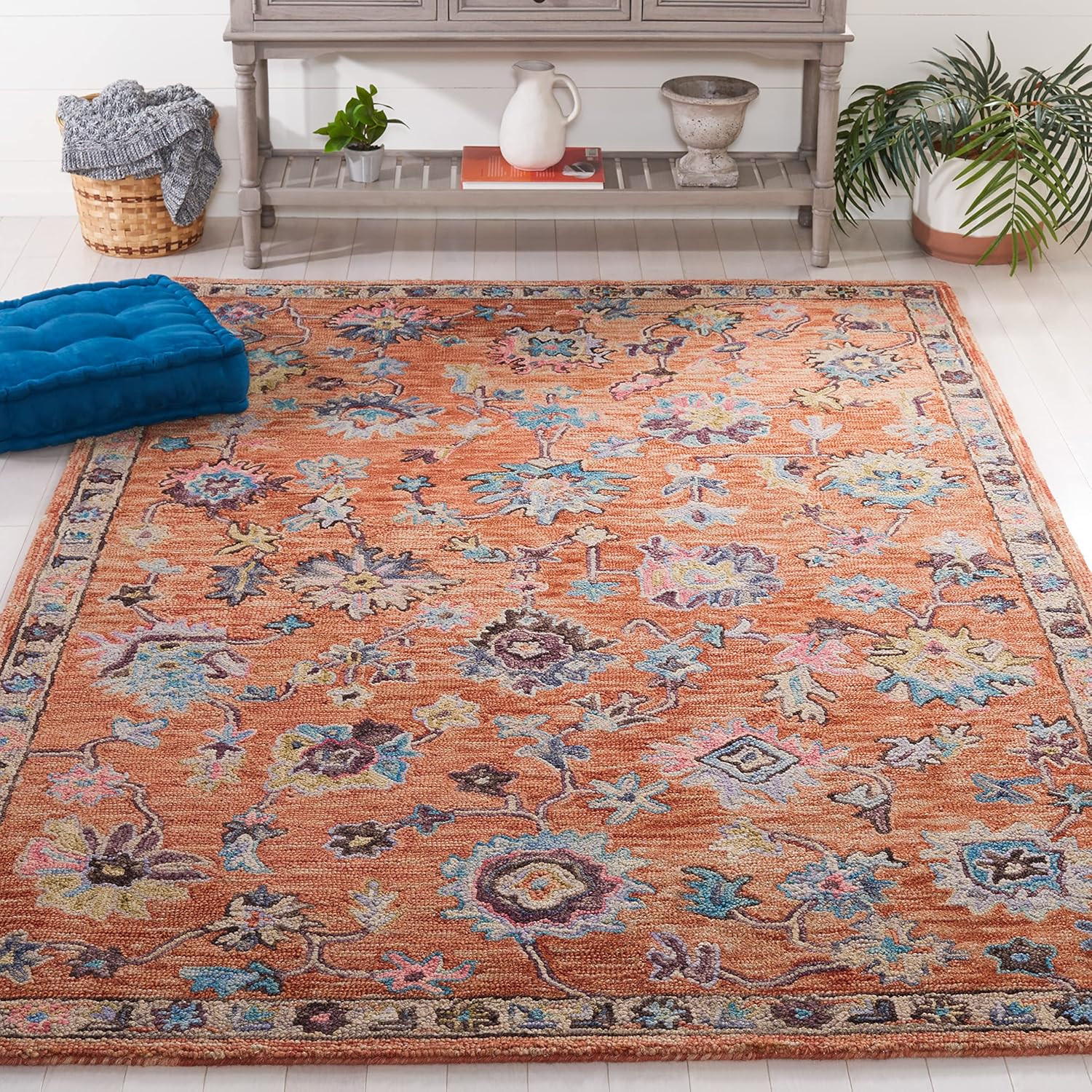 Rust & Blue Floral Area Rug – 6′ Square, Handmade Wool for High Traffic Areas