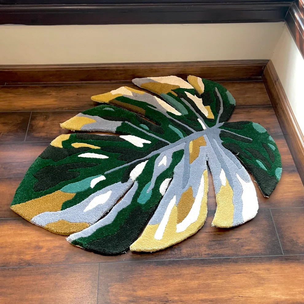 Monstera Leaf Area Rug Hand Tufted Wool Handmade Boho Tropical Botanical Decor