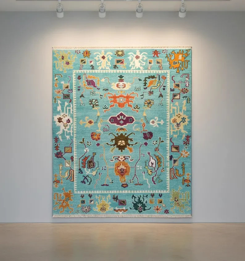 Hand Knotted Oushak Wool Rug | Aqua Blue Multicolor Area Carpet | Traditional