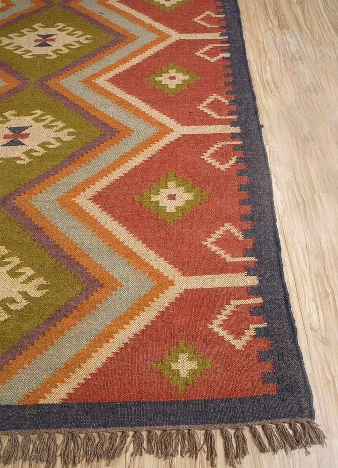 Handmade Jute Wool Kilim Area Rug Boho Tribal Geometric Area Carpet Floor Mat