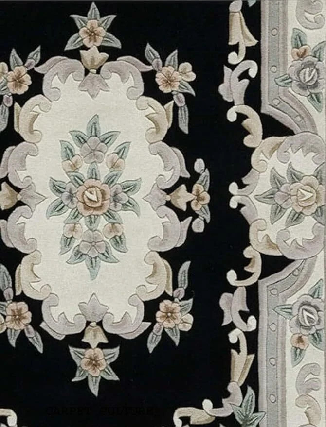 Black Wool Area Rug – Hand-Tufted Classic Floral for Elegant Hom Carpet