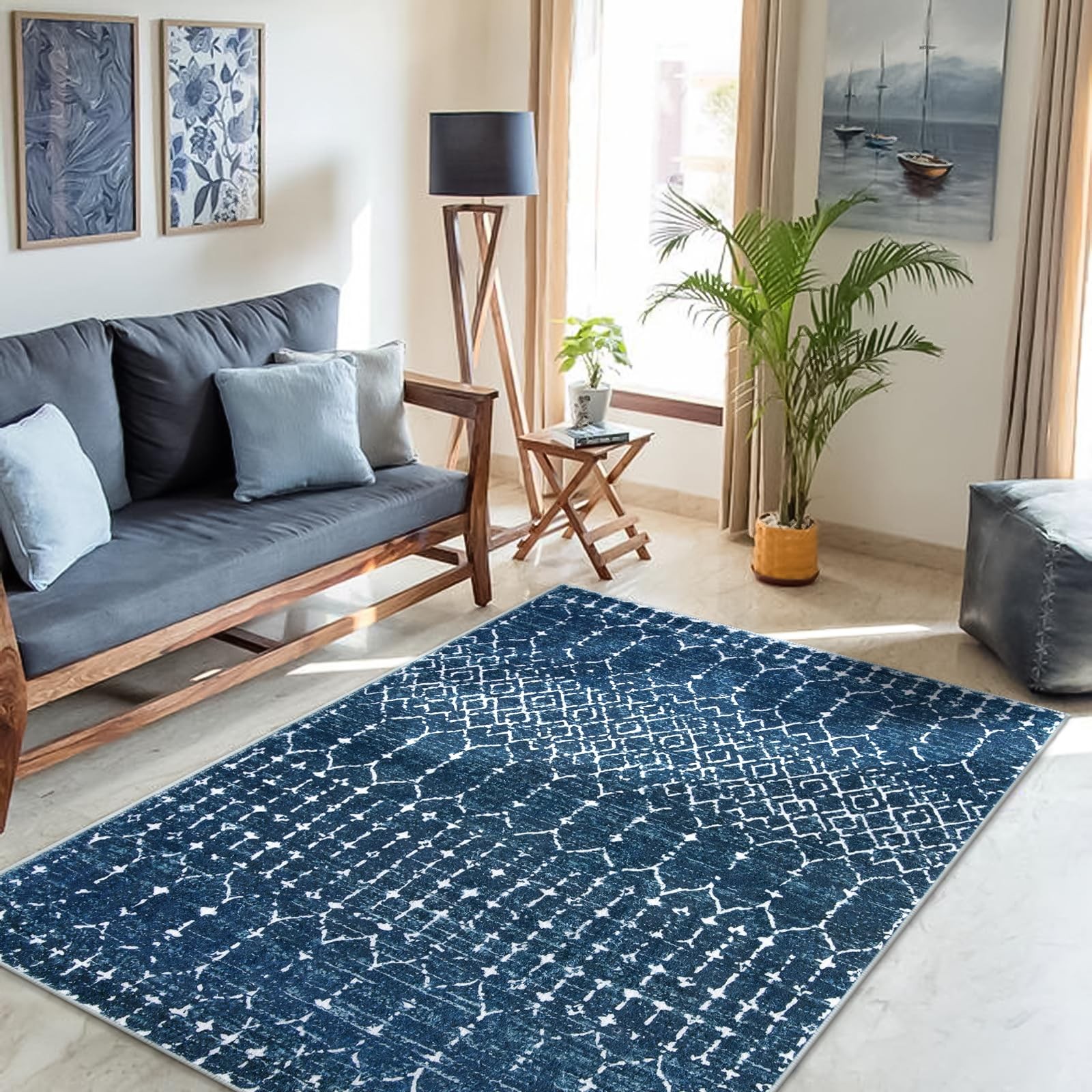 Moroccan Blue 3×5 FT Washable Soft Area Rug NonSlip Floor Mat Indoor Entry