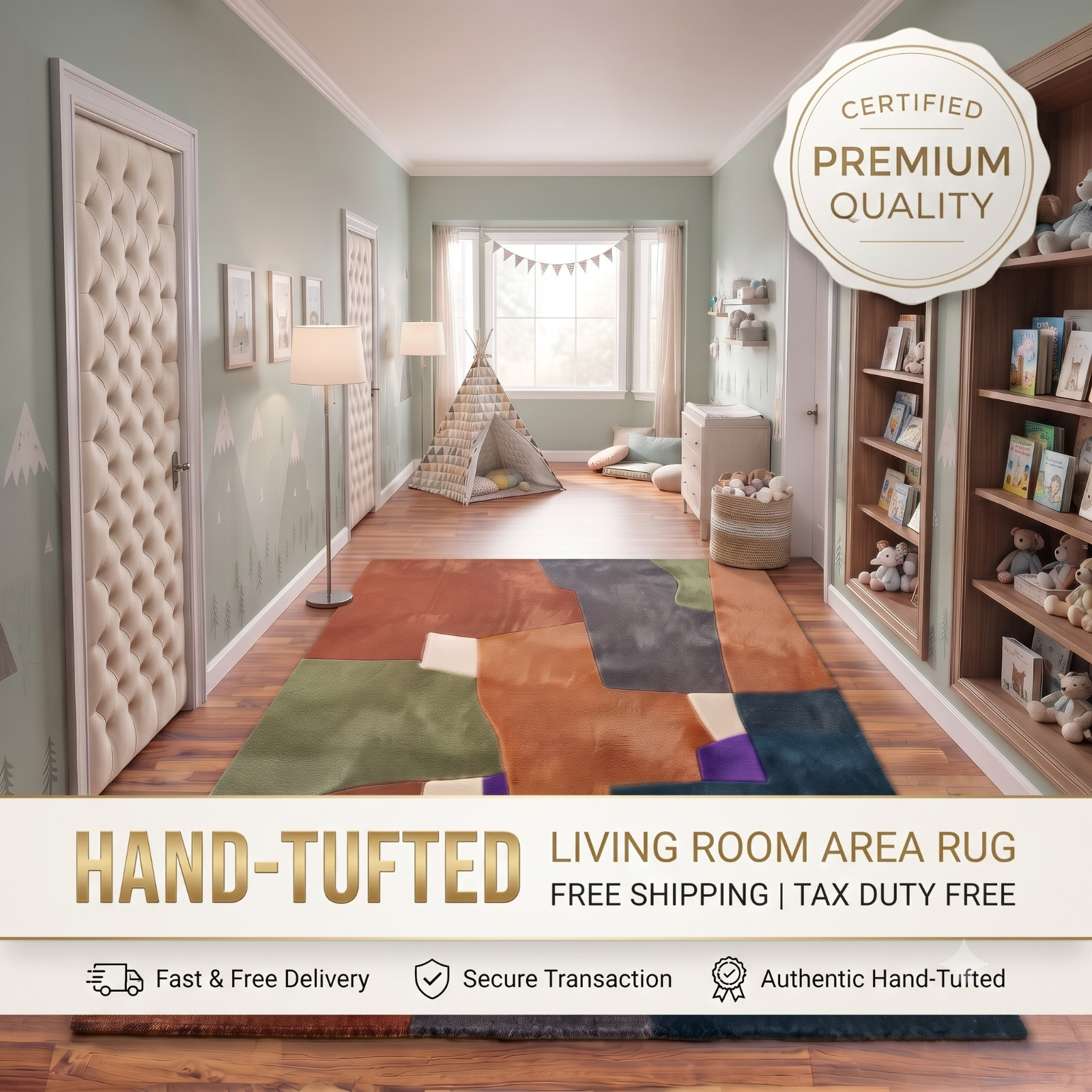 Modern Abstract Geometric Area Rug, Hand Tufted Wool Colorful Living Room Carpet