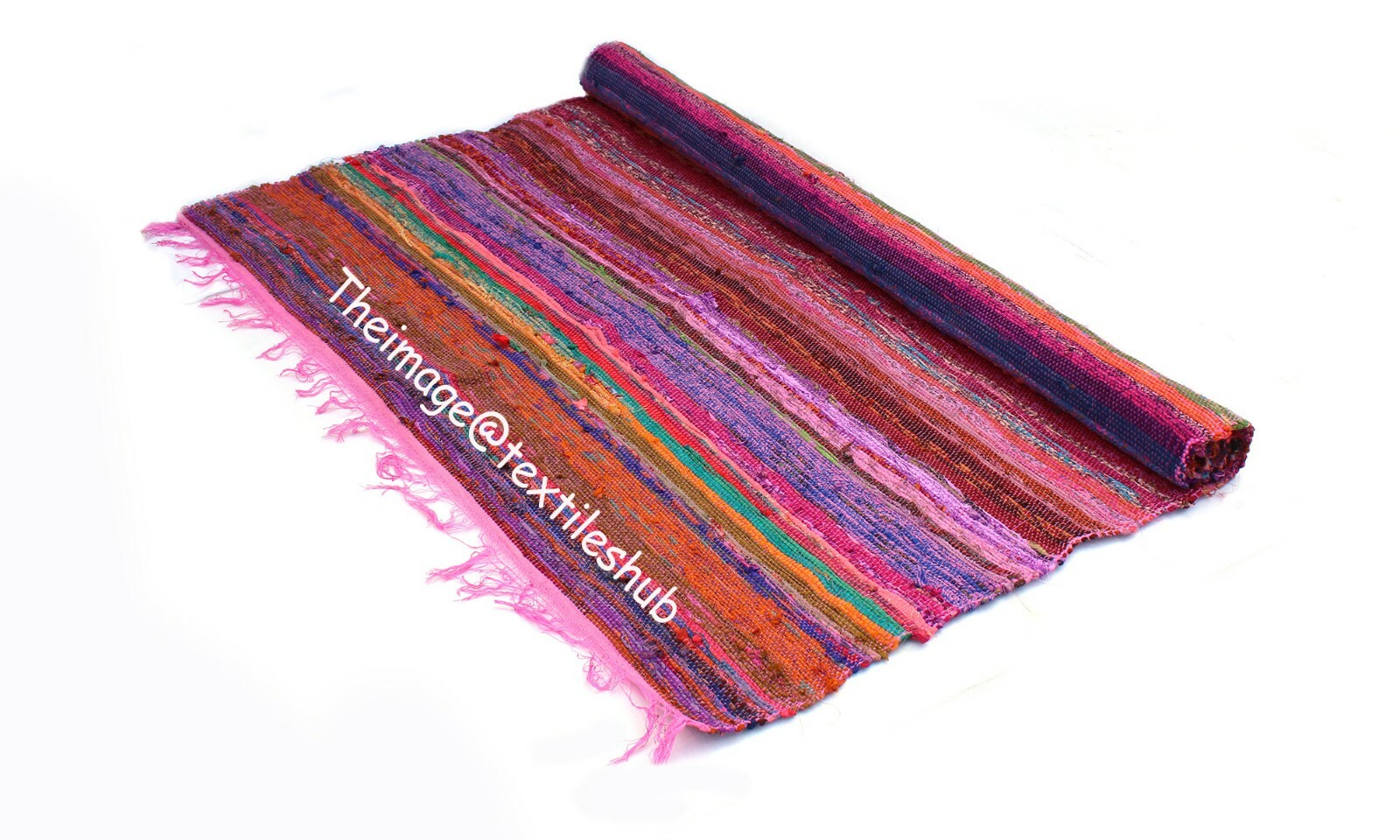 New Indian Handmade Pink Multi Chindi Reversible Porch Hand-Woven Floor Yoga Mat