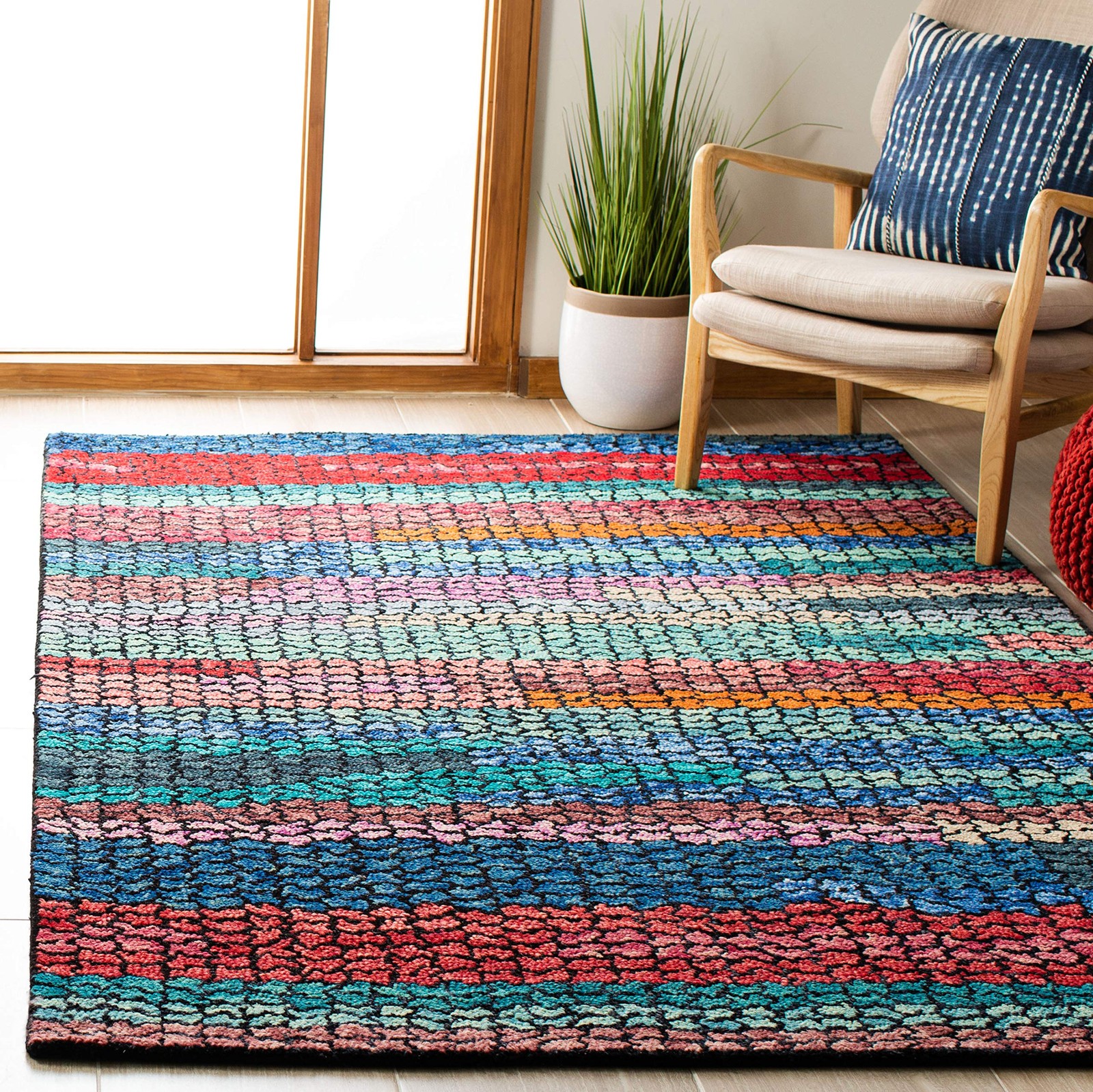 Aspen Collection Accent Rug – 4′ x 6′, Navy & Red, Handmade Abstract Boho Woo…
