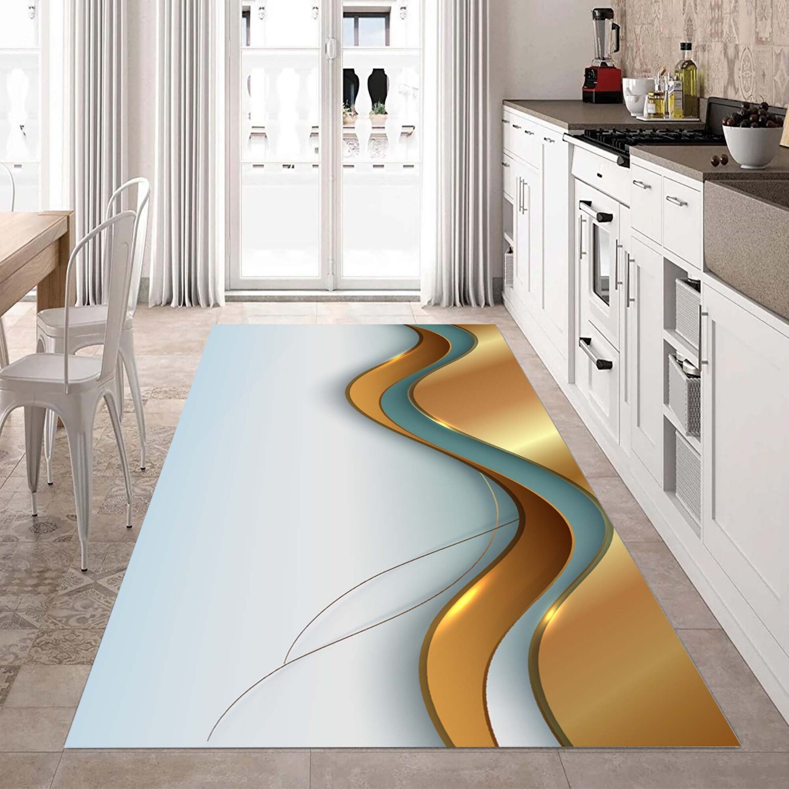 Modern Hall Runner, Gold Line Rug, Abstract Carpet, Luxury Runner
