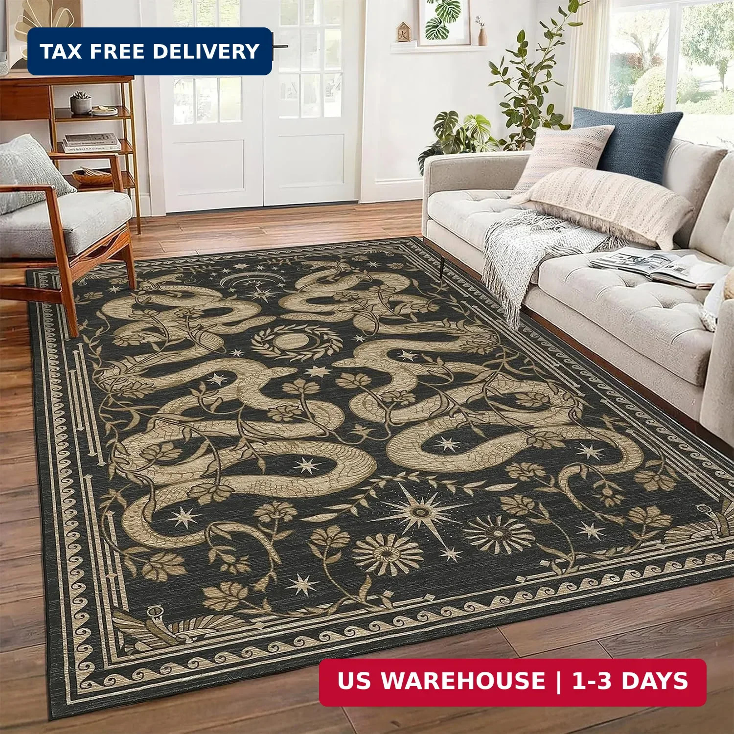 Snake Washable Rugs 5×7 Area Rug for Living Room Forest Soft Low-Pile Stain Resi