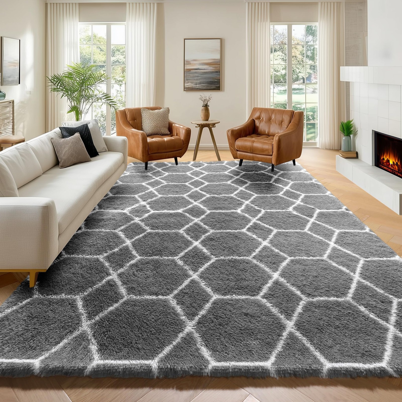 Area Rug 7×9 Grey White Microfiber Soft Plush Shaggy Indoor Carpet – Cozy Home