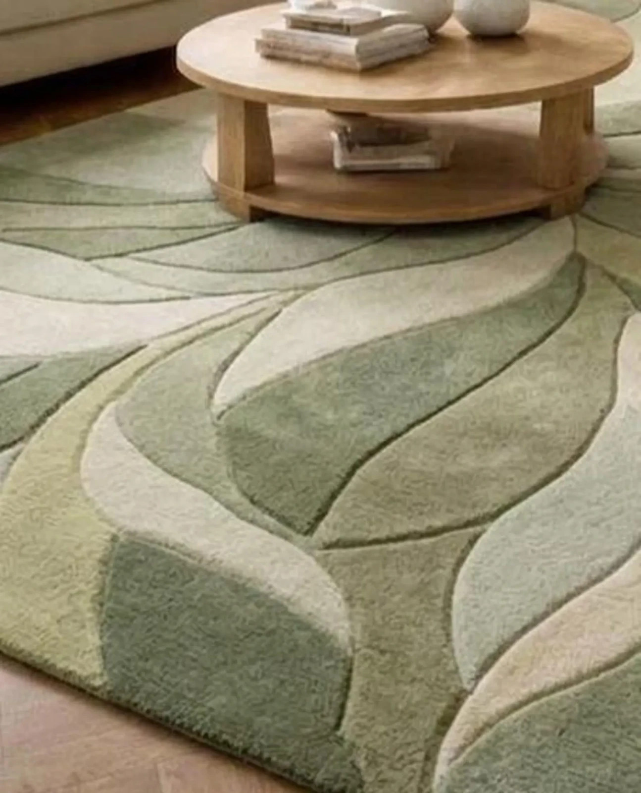 Abstract Rug, Wavy Pattern, Green & Sage Hand Tufted Wool, 3D Textured Carpet.