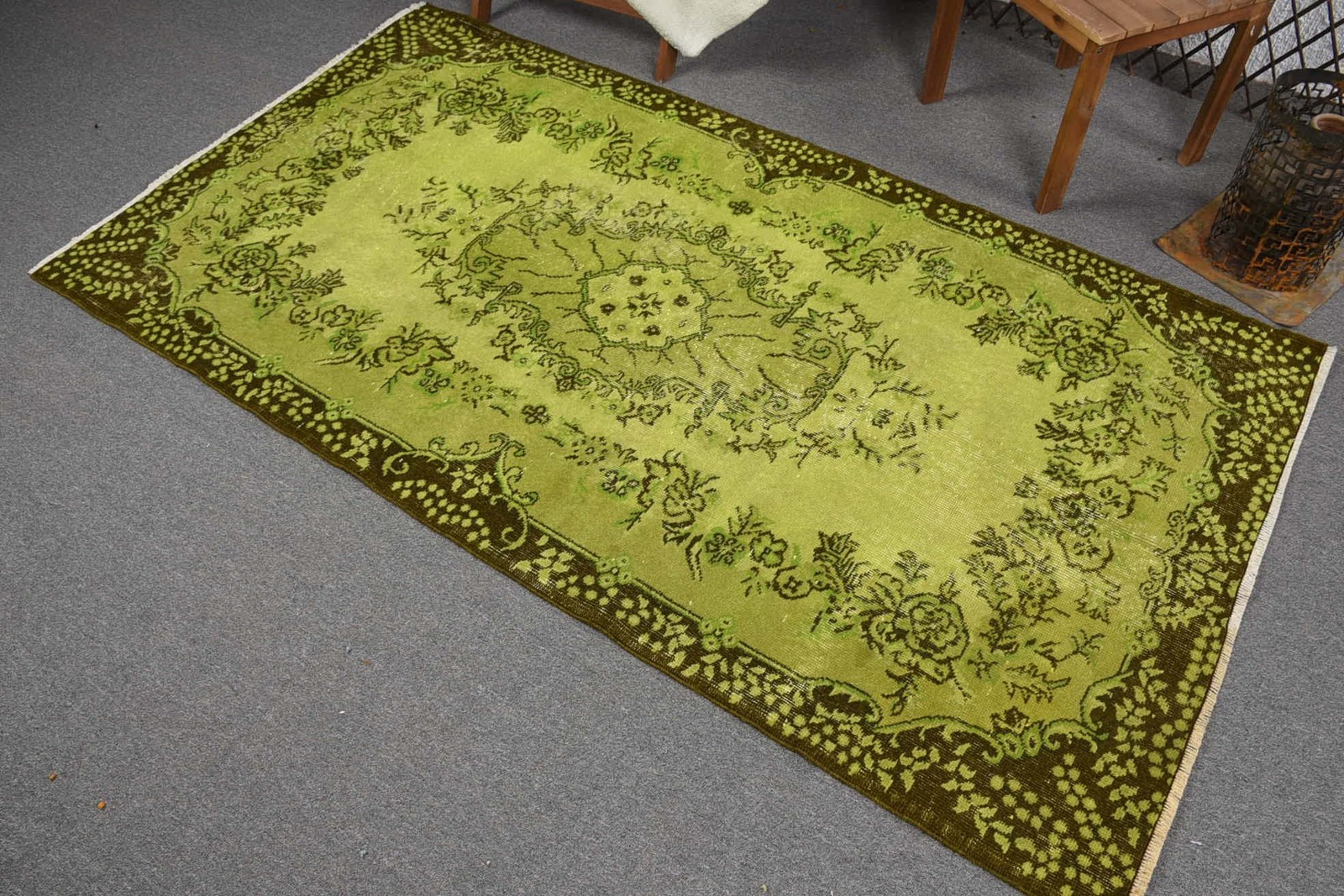 Turkish Vintage Rug 3,7×6,8 ft (113×206 cm), Green Brown Oriental Rug