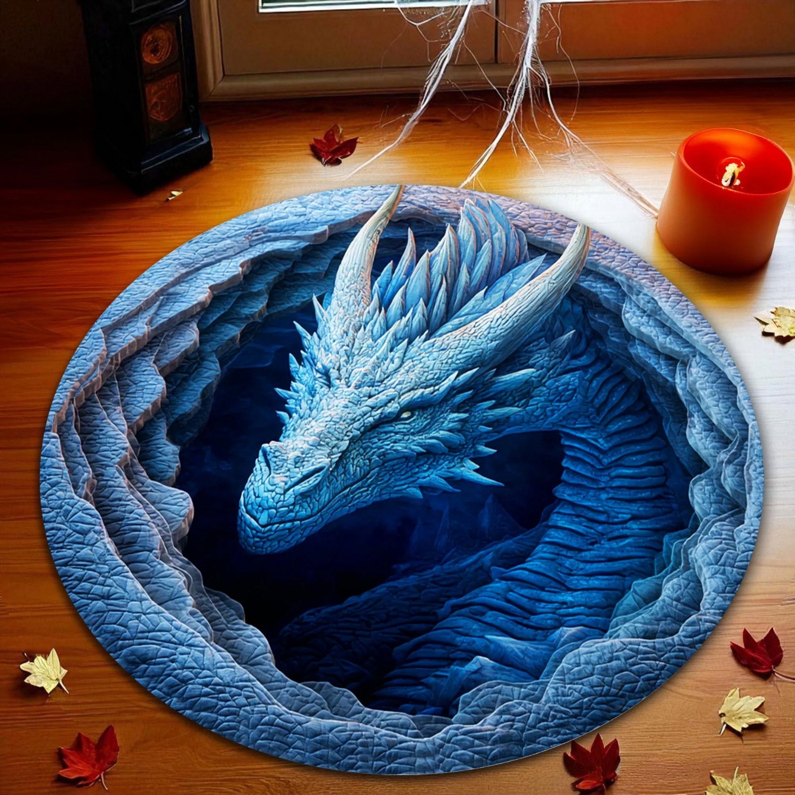 3D Printed Blue Dragon Round Rug – Fantasy Mythical Dragon Home Decor Gift