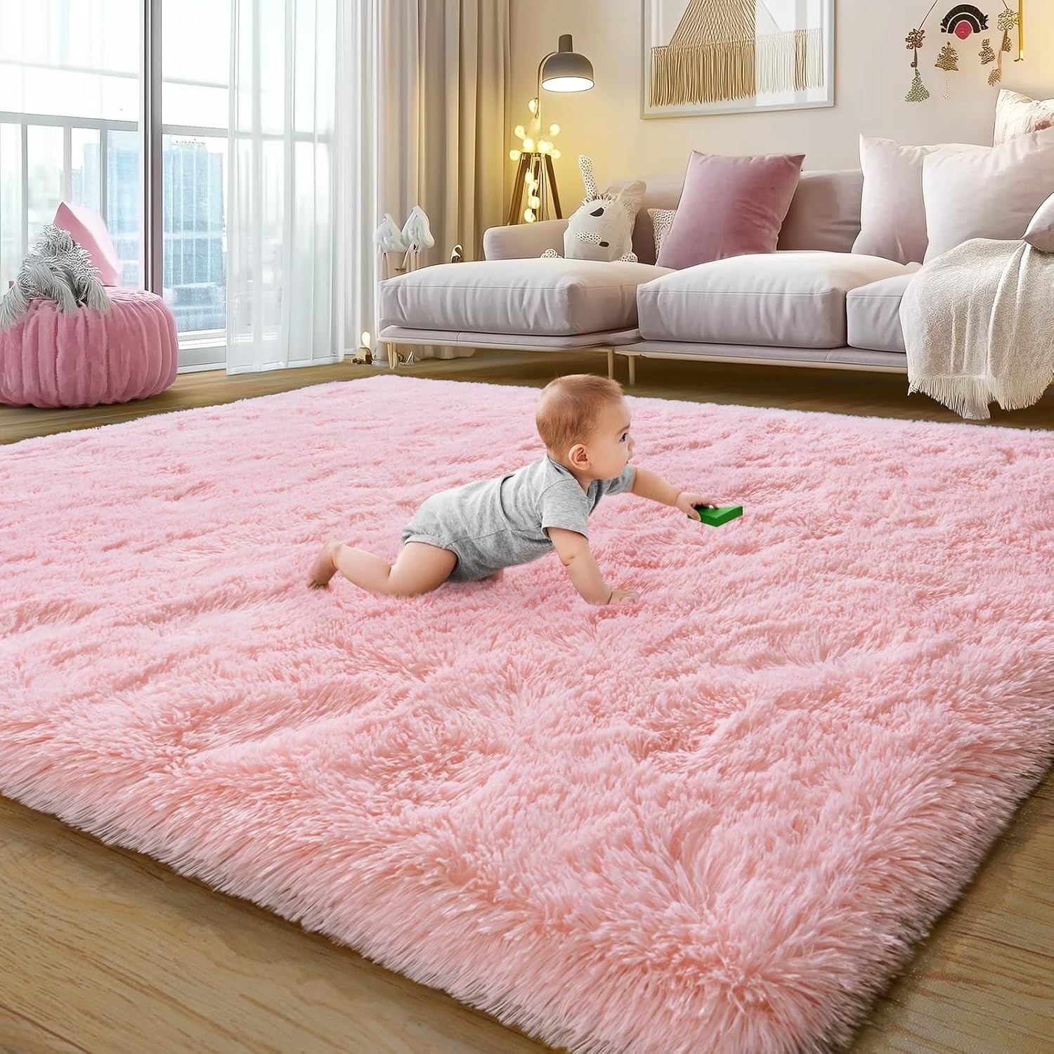 Fluffy Area Rug 8×10 Pink Large Soft Plush Mat Carpet for Living & Bedroom Floor