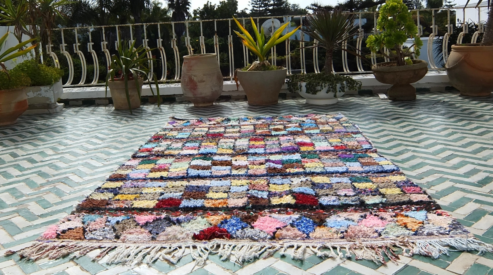Vintage Boucherouite Rug Beni Ourain Double Side Moroccan Authentic 7’4″ x 4’6″