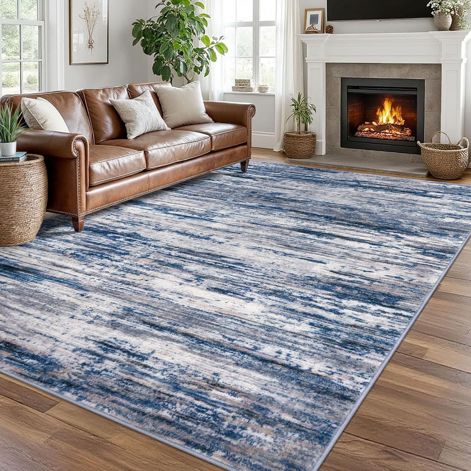 Navy Blue Gray Modern Abstract 8×10 Area Rug – Soft, Washable, Non-Slip Carpet