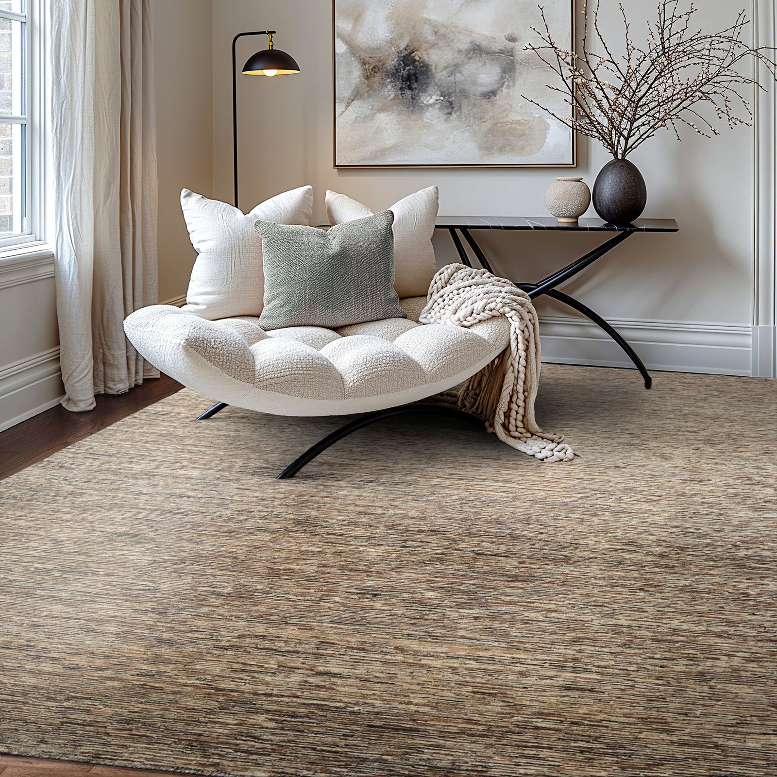 6’6”x9’6″ Beige Hand Knotted Contemporary Modern Wool Area Rug