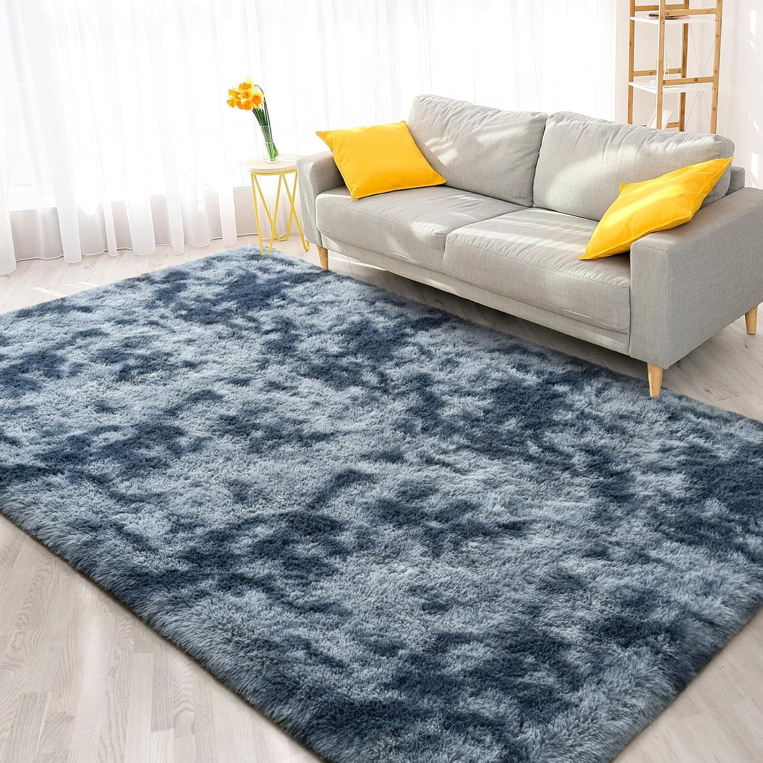 Large 6×9 Feet Tie-Dyed Blue Grey Shaggy Rug – Ultra Soft Plush Carpet