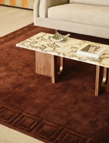 Hand Tufted Brown Wool Area Rug Solid Modern Geometric Border Carpet Living Room