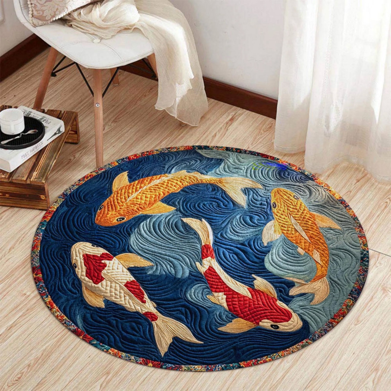 Koi Fish Round Rug Japanese Style Flannel Area Rug Water Wave Home Decor