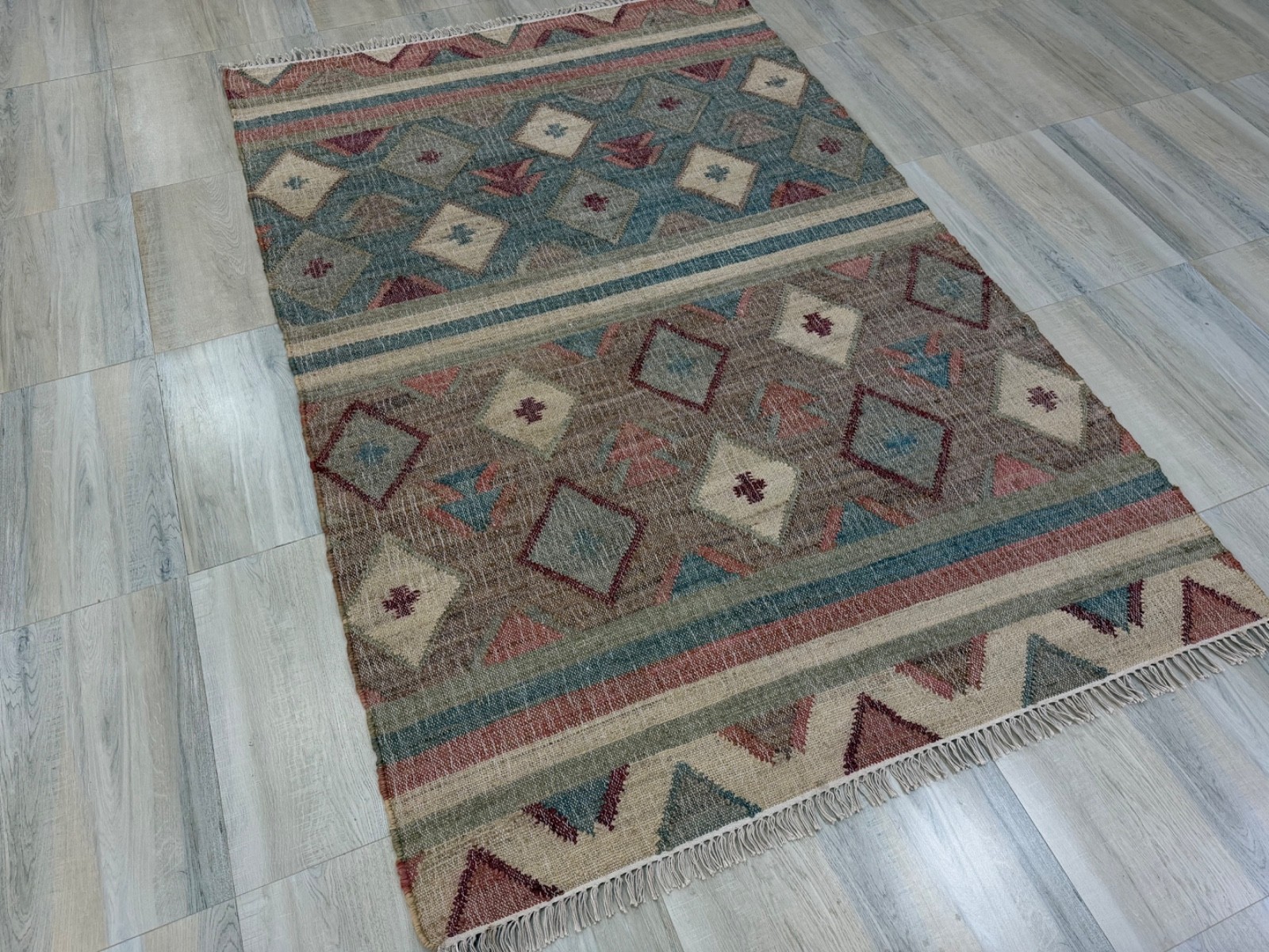 Natural Jute Tribal Handwoven Area Rug Teal Rust Geometric Pattern Kilim 5×8 ft