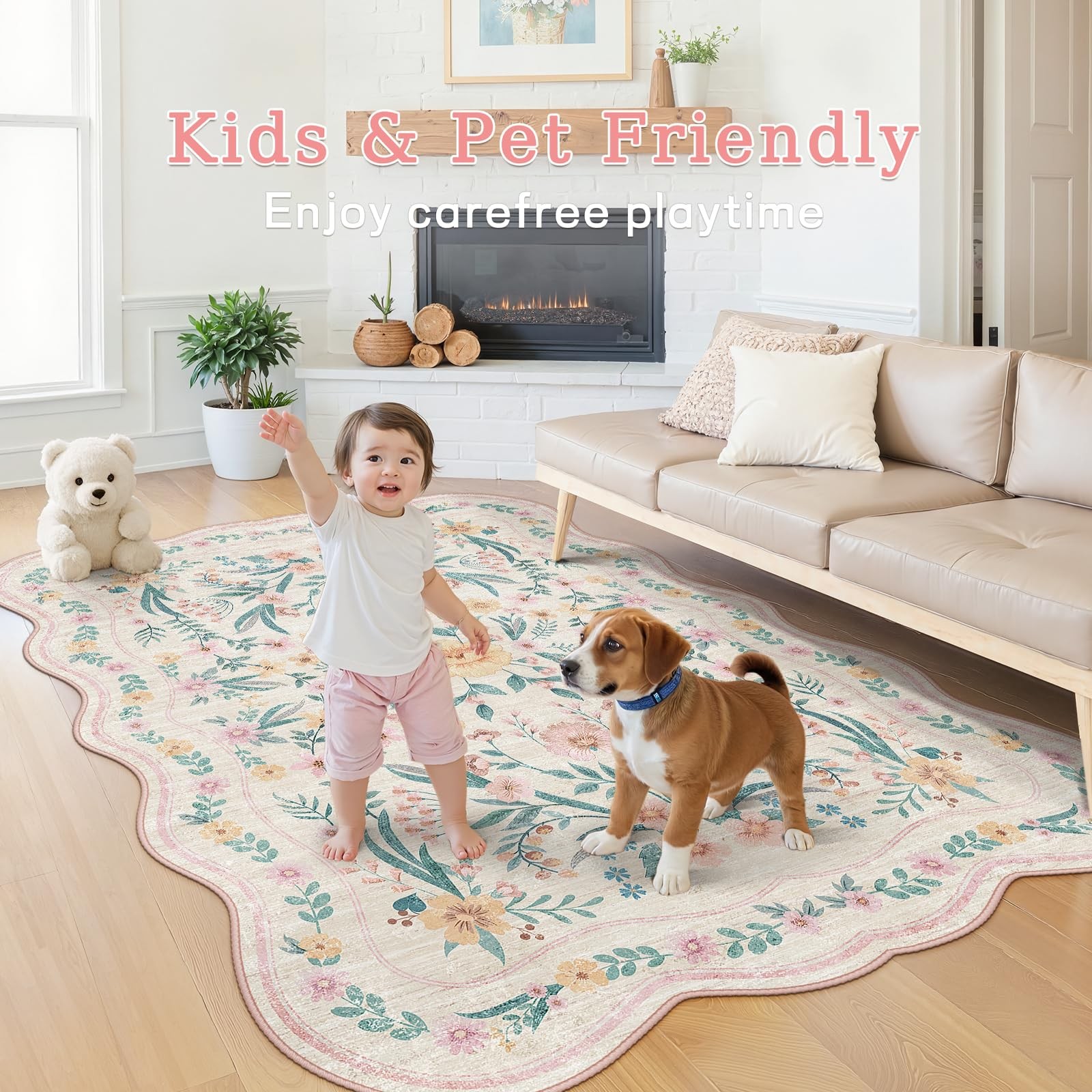 Dadasgk Pink Floral Rug 4X6 for Girls Bedroom or Nursery, Scalloped Cottagecore
