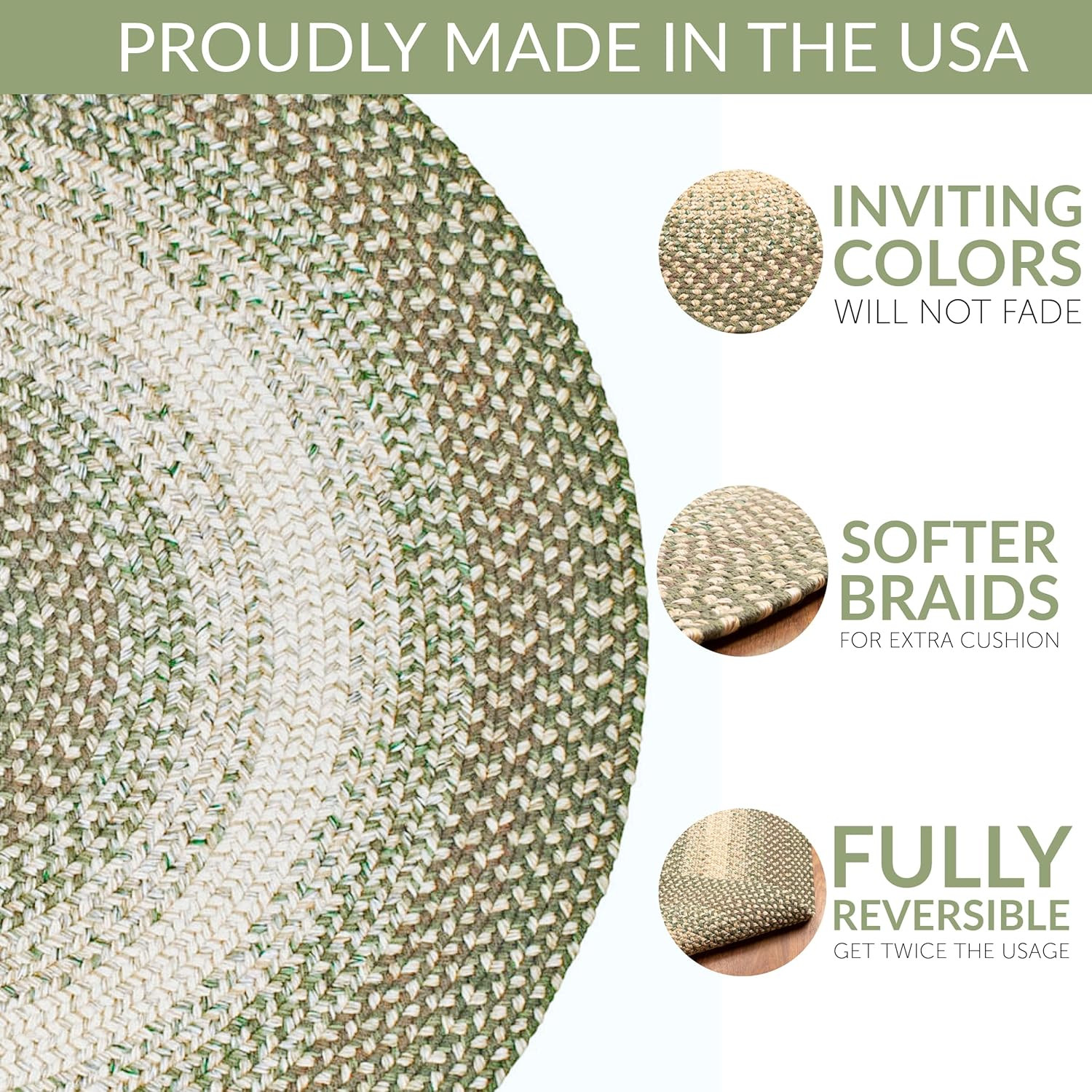Reversible 4Ft Round Braided Rug in Forest Green/Beige for Kitchen & Dining